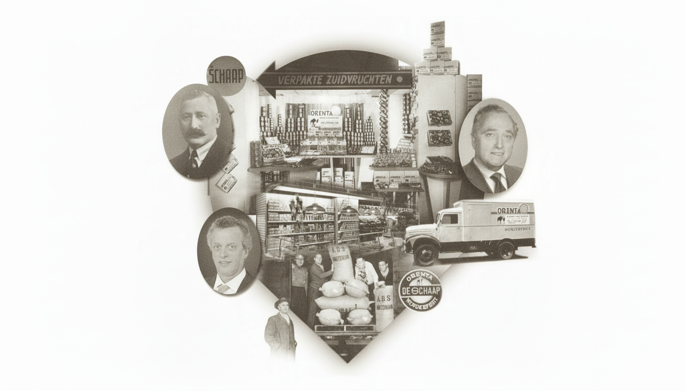 L'Orenta heritage montage — historic family portraits, original Orenta storefront in Amsterdam, and vintage delivery truck from the 1930s