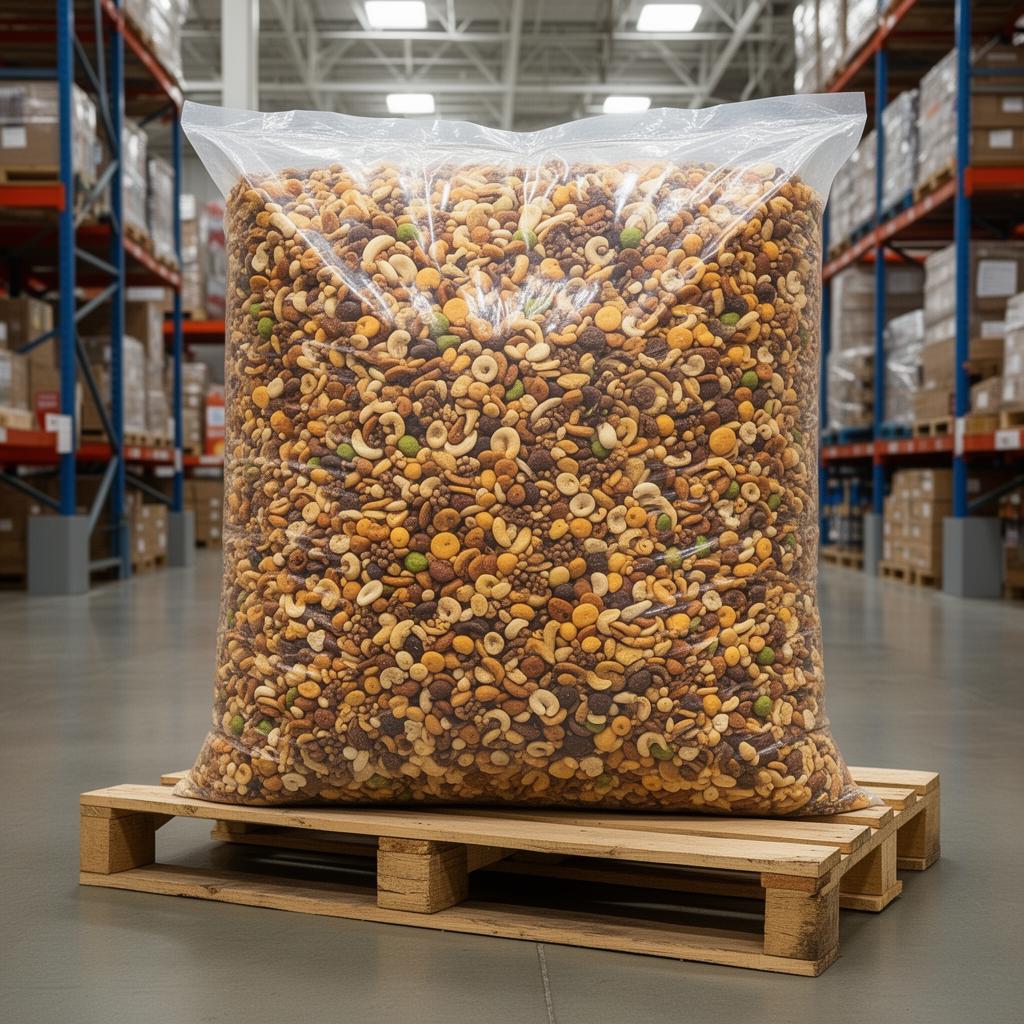 Large club store snack bag on wooden pallet in warehouse distribution environment