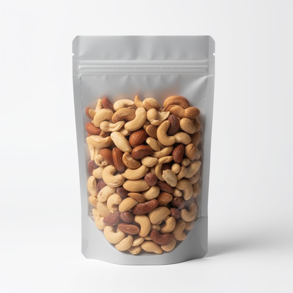 Stand-up pouch snack packaging with mixed nuts showing resealable zipper and shelf-stable design